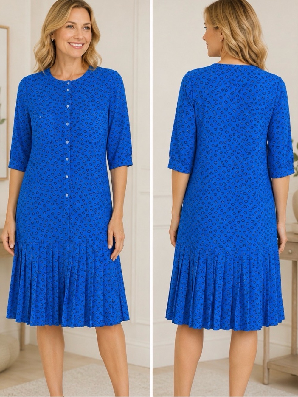 Vintage Liz Roberts By Mary Ann Lamonte Blue Dress Pleated Skirt 10 AE101-8